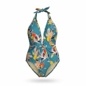 EUC ModCloth Retro Floral Halter Plunge One Piece Swimsuit Size Small Multicolor